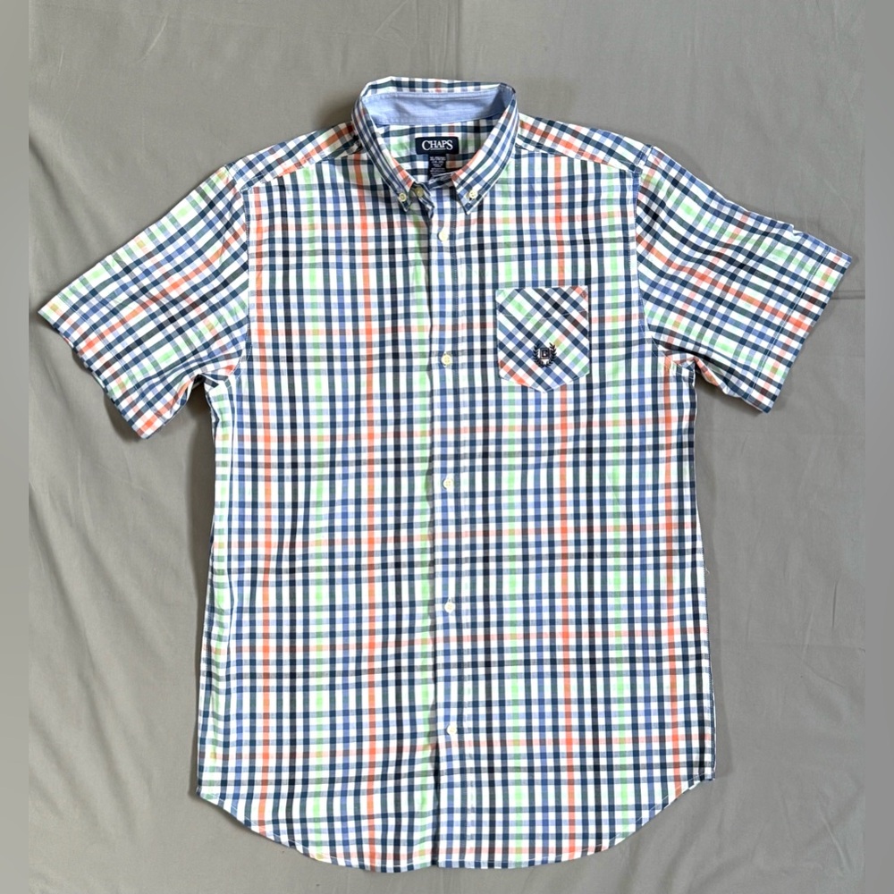 Chaps Men's Blue and Orange Plaid Button Down Shirt